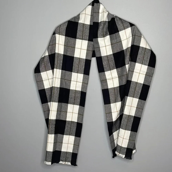 GAP Black White Tan Flannel Scarf Brushed Cotton Plaid Rectangular - Picture 4 of 7